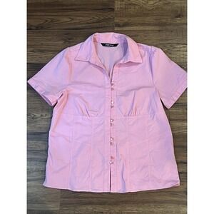 Y2K Pink Button Up Shirt Pearl Buttons Women's Large Short Sleeve Collared shirt